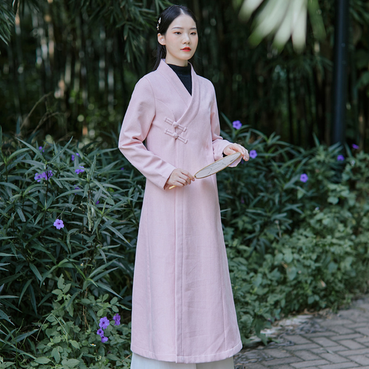 冬装中国风文艺中长款茶服v领长袖加绒中式灯芯绒风衣xy3323