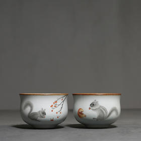 茶杯-陶瓷品茗杯-汝窑手绘松鼠可爱小茶杯主人杯 礼盒装