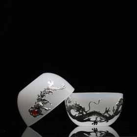 茶杯-陶瓷品茗杯-镶银龙凤玉瓷主人杯