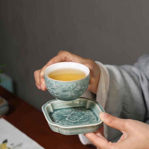 茶道配件-陶瓷杯垫-浮雕祥云茶杯垫 隔热垫纯色功夫茶道配件杯托 商品图1