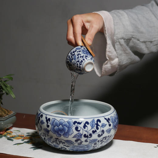 茶道配件-青花缠枝陶瓷茶洗 功夫茶道配件杯洗 商品图0