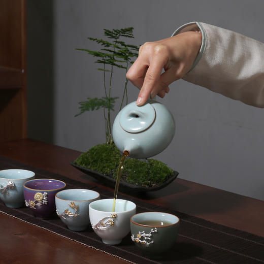 茶杯-陶瓷品茗杯-五大名窑镶银小茶杯 陶瓷功夫茶具汝窑品茗杯套装 商品图2