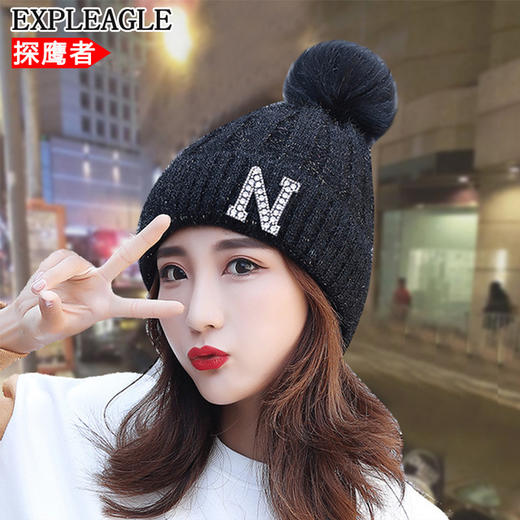 【韩版时尚百搭】冬季毛线帽子女ins钻石加厚护耳骑车防风保暖针织帽 商品图0