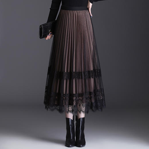 百褶显瘦，高腰金丝绒中长款网纱两面穿半身裙KFY-1882NW 商品图0