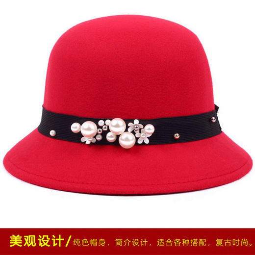 【英伦时尚百搭珍珠帽】秋冬季新款礼帽女韩版帽子大檐珍珠毛呢毡帽名媛盆帽 商品图6