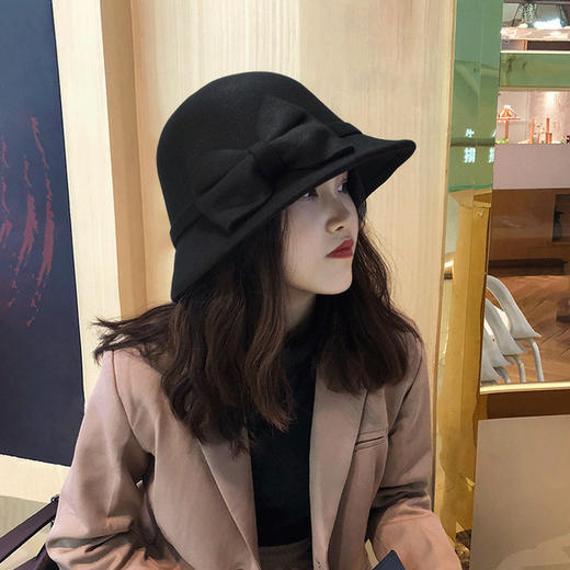 【百搭时装帽礼帽】女士秋冬新款大蝴蝶结毛呢帽韩版休闲百搭时装帽圆顶盆帽 商品图2