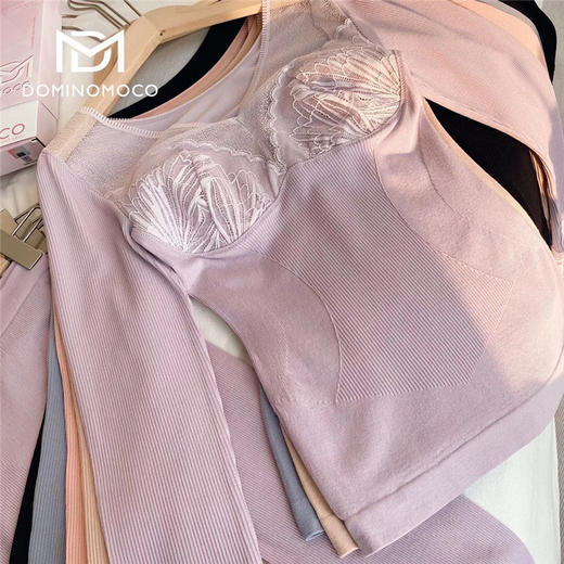 现货 韩国DM女神美体保暖内衣套装舒适长袖纯色打底蕾丝V领秋衣秋裤，偏远地区不包邮（下单后10天左右发货） 商品图2