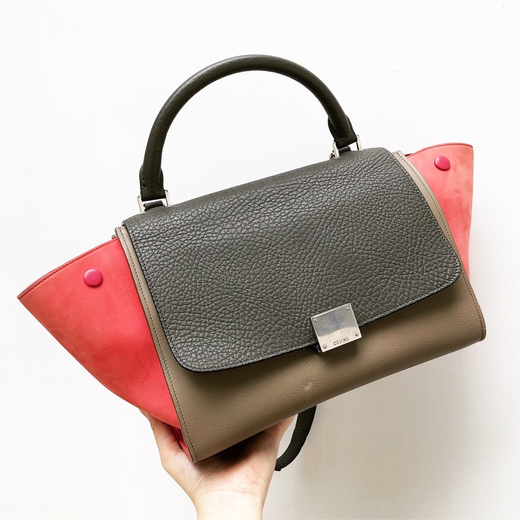 celine瑟琳橘红色麂皮拼杏色拼抹茶绿秋千包