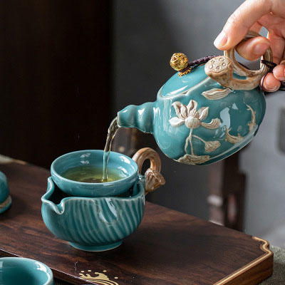 霁蓝釉日式功夫茶具套装办公室喝茶茶壶茶杯泡茶器陶瓷茶具礼盒装 商品图2