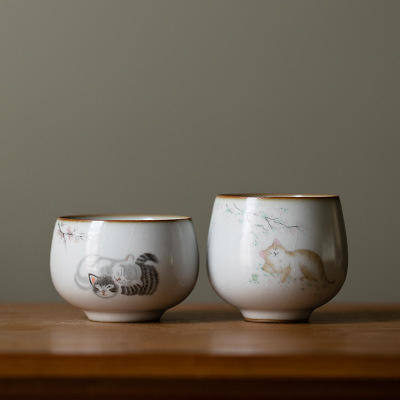月白汝窑猫咪陶瓷茶杯主人杯品茗杯开片可养单杯个人杯 商品图4