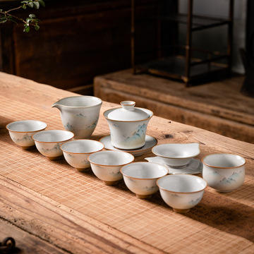 仿古月白汝窑开片马蹄三才盖碗茶具套装礼盒装功夫茶具陶瓷套组 商品图6