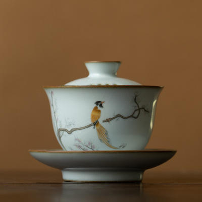 月白汝窑盖碗开片可养泡茶碗冲茶器家用陶瓷茶具 商品图3