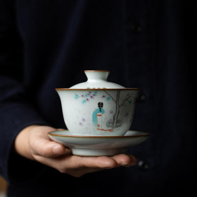 月白汝窑三才盖碗开片可养陶瓷功夫茶具泡茶碗冲茶器 商品图6