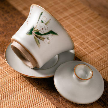 仿古月白汝窑开片马蹄三才盖碗茶具套装礼盒装功夫茶具陶瓷套组 商品图1