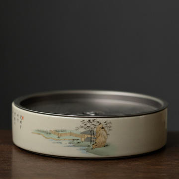 陶瓷蓄水茶盘功夫茶具金属锡盖双层壶承干泡茶台简约家用 商品图9