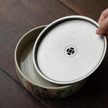 陶瓷蓄水茶盘功夫茶具金属锡盖双层壶承干泡茶台简约家用 商品图3