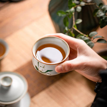 仿古月白汝窑开片马蹄三才盖碗茶具套装礼盒装功夫茶具陶瓷套组 商品图4