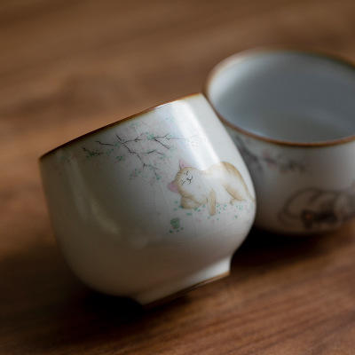 月白汝窑猫咪陶瓷茶杯主人杯品茗杯开片可养单杯个人杯 商品图1