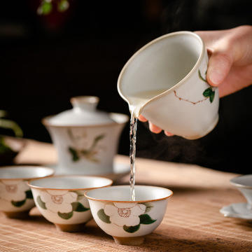 仿古月白汝窑开片马蹄三才盖碗茶具套装礼盒装功夫茶具陶瓷套组 商品图3