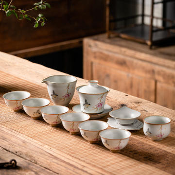 仿古月白汝窑开片马蹄三才盖碗茶具套装礼盒装功夫茶具陶瓷套组 商品图8