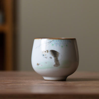 月白汝窑猫咪陶瓷茶杯主人杯品茗杯开片可养单杯个人杯 商品图8
