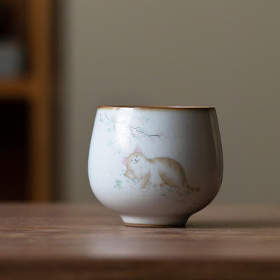 月白汝窑猫咪陶瓷茶杯主人杯品茗杯开片可养单杯个人杯 商品图9