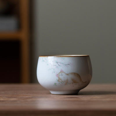 月白汝窑猫咪陶瓷茶杯主人杯品茗杯开片可养单杯个人杯 商品图10