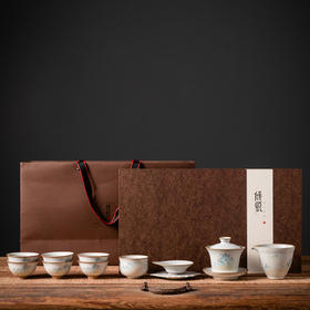 仿古月白汝窑开片马蹄三才盖碗茶具套装礼盒装功夫茶具陶瓷套组