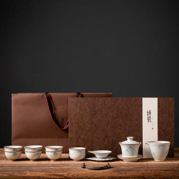 仿古月白汝窑开片马蹄三才盖碗茶具套装礼盒装功夫茶具陶瓷套组 商品图0