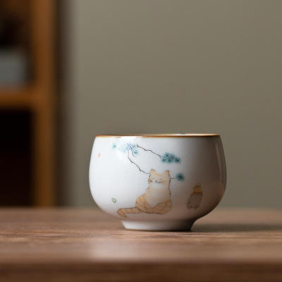 月白汝窑猫咪陶瓷茶杯主人杯品茗杯开片可养单杯个人杯 商品图7