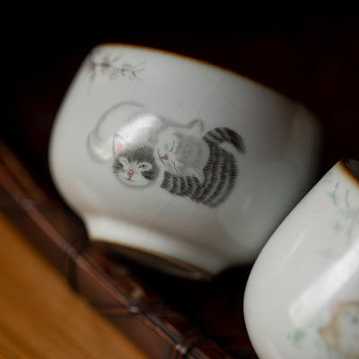 月白汝窑猫咪陶瓷茶杯主人杯品茗杯开片可养单杯个人杯 商品图2