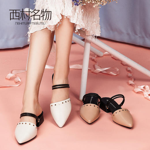 西村名物穆勒鞋女尖头真皮粗中跟包头韩版外穿2020夏季新款11831 商品图4