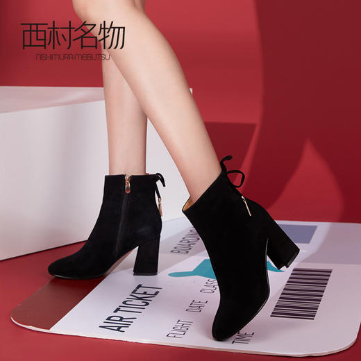 西村名物时装短靴女保暖毛毛中跟复古粗跟尖头2020春夏新款T284S43031 商品图0