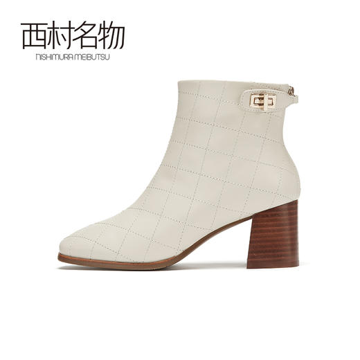 西村名物2020冬季新款短靴女皮质粗跟气质格纹高跟时装靴T20DS40971 商品图1