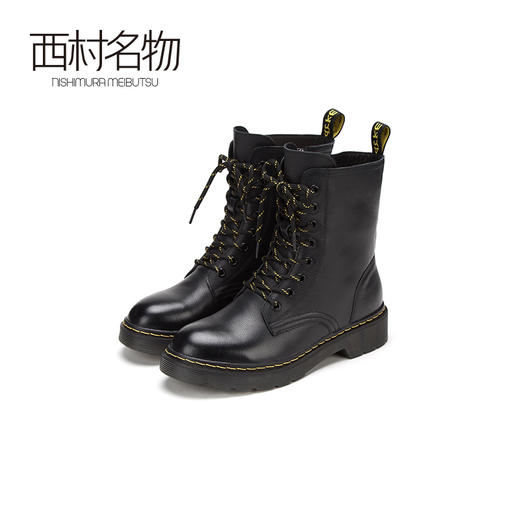 西村名物2020冬季新款牛皮马丁靴加绒平底百搭女靴T29DC44951 商品图2
