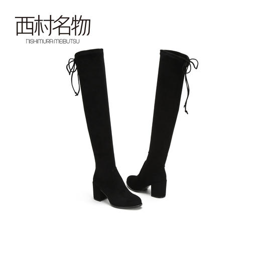 西村名物过膝靴女瘦腿长靴长筒靴粗高跟弹力高筒袜靴女T284I42281 商品图3