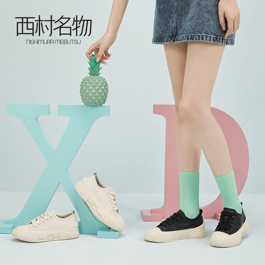 西村名物牛皮厚底运动休闲鞋女2020新绑带小白学生风贝壳鞋16271 商品图4