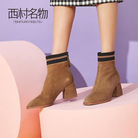 西村名物短靴女2020新款时尚高跟女靴中筒粗跟拉链靴子女冬T29DS43221