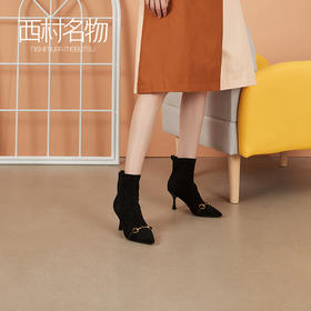 西村名物2020冬季新款高跟女靴尖头金属扣设计气质时装靴T20DS41571