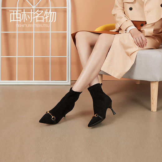 西村名物2020冬季新款高跟女靴尖头金属扣设计气质时装靴T20DS41571 商品图3