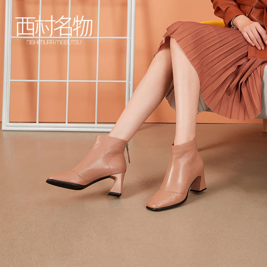 西村名物2020冬季新款女时装靴鹿皮革净版粗跟时尚休闲短靴T20DS41561 商品图3