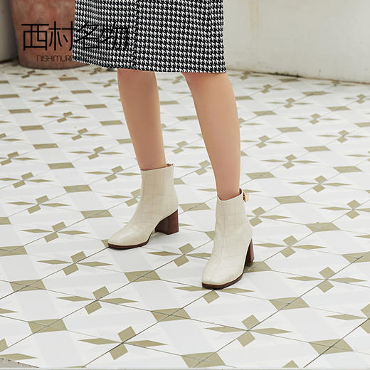 西村名物2020冬季新款短靴女皮质粗跟气质格纹高跟时装靴T20DS40971 商品图3