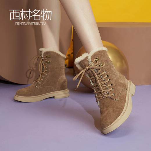 西村名物牛皮马丁靴羊毛绒里保暖靴子2020冬季新款加绒女靴T29DC44091 商品图3