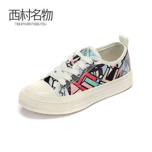 西村名物2020秋季新款小白鞋女织物系带俏皮涂鸦休闲板鞋31721 商品图3