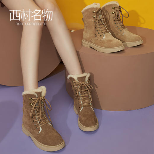 西村名物牛皮马丁靴羊毛绒里保暖靴子2020冬季新款加绒女靴T29DC44091 商品图2