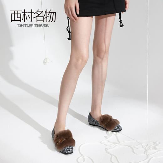 西村名物商场同款毛毛鞋女冬季新款复古格子单鞋加绒保暖鞋T284M44461 商品图1