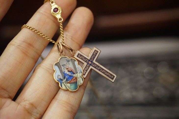 法国古董k金手绘珐琅彩圣母十字架项链组o frantiques英国古董