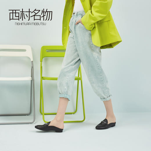 西村名物2020新品鳄鱼纹低跟包头穆勒鞋女士方跟金属扣拖鞋16191 商品图3