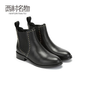 西村名物牛皮加绒切尔西靴2020冬季新款靴子女圆头铆钉短靴T29DS45021