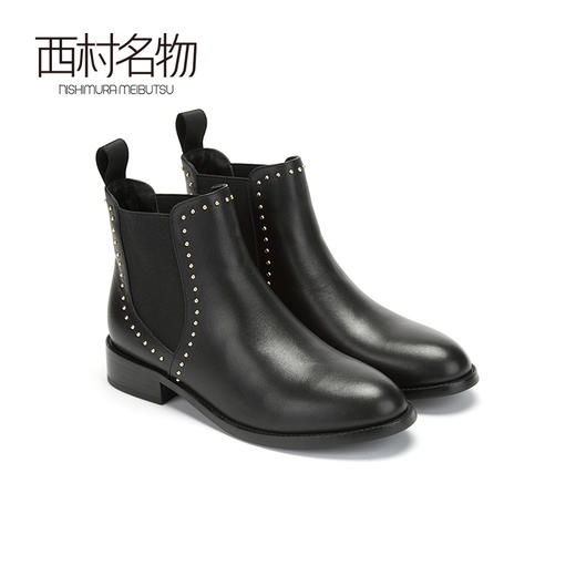 西村名物牛皮加绒切尔西靴2020冬季新款靴子女圆头铆钉短靴T29DS45021 商品图0
